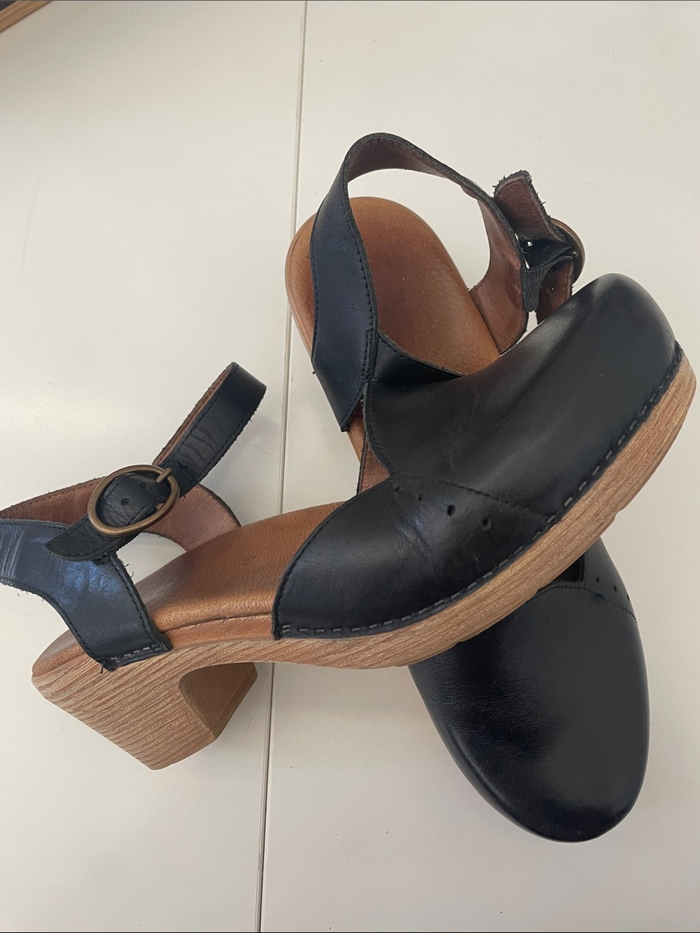 Dansko Black Leather Slingback Clogs with Wood-Look Heel